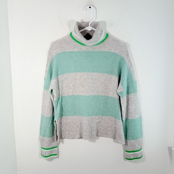 J. Crew Striped Turtleneck Sweater Supersoft Yarn Wool Mint Gray Small BD045 - Picture 2 of 12